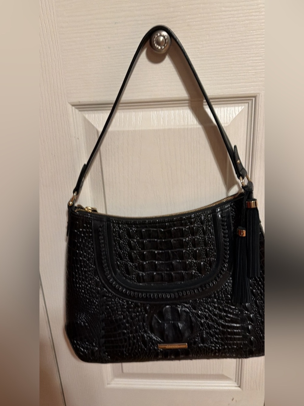 Brahmin Black Croc-Embossed Shoulder Bag with Tassel Accent